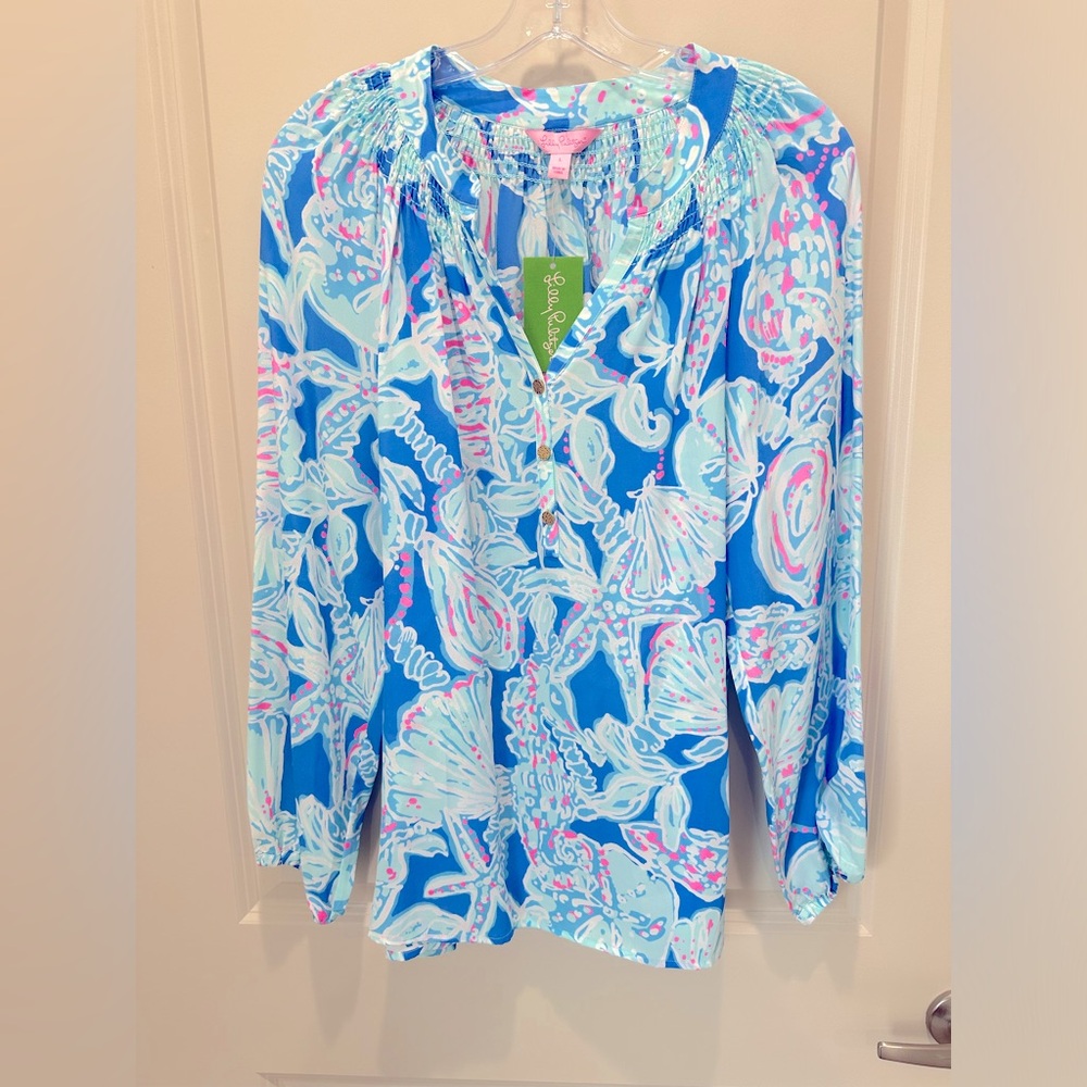 NWT Lily Pulitzer Silk Elsa blouse size large. Color: Bay Blue into the Deep